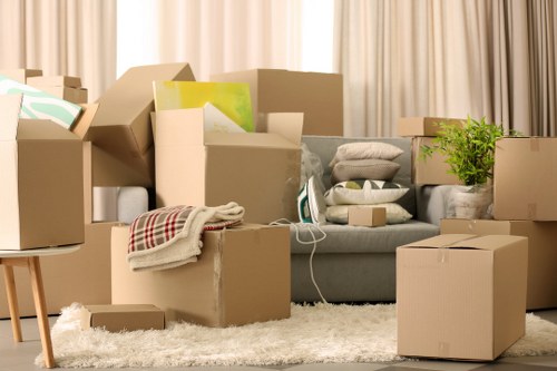 Packed boxes and furniture ready for loading during a local move